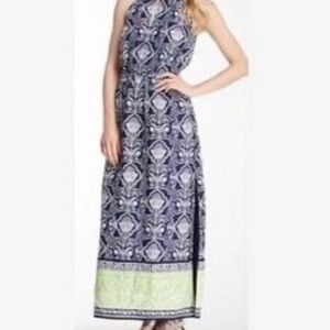 Silk Blend Printed Maxi Dress Navy White Lime Green Border Sleeveless Sz S
